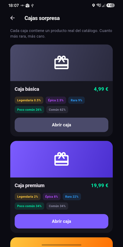 Cajas sorpresa con sus probabilidades
